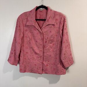 Vintage Rafael Blazer Jacket Coat 18 Pink Floral Dainty Embroidered Linen Beaded